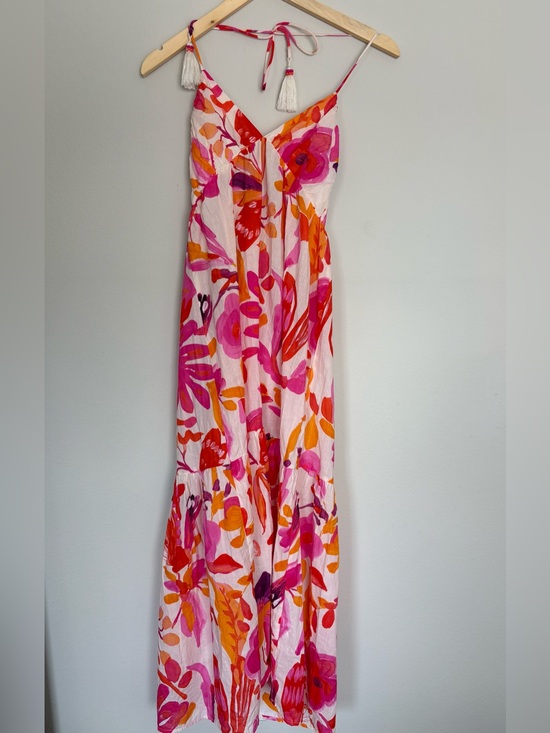 Zara Dresses & Skirts - Vibrant Flower Zara Pink, Orange & Fuchsia Floral Maxi Dress with Tassel Straps